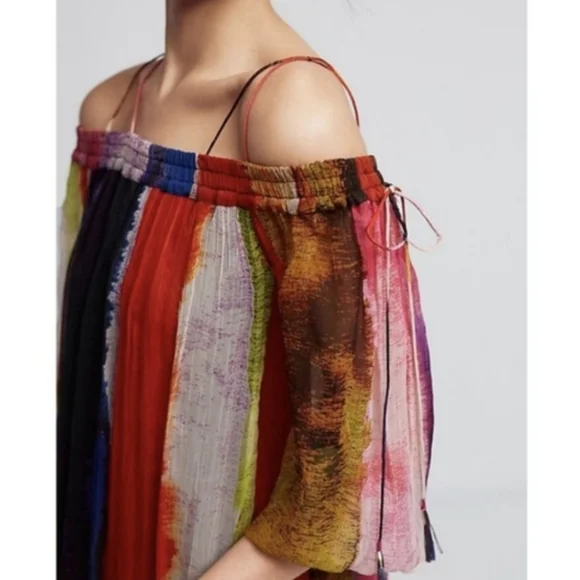 Anthropologie Floreat Off Shoulder Watercolor Sheer Lined Boho Dress S - Picture 3 of 8